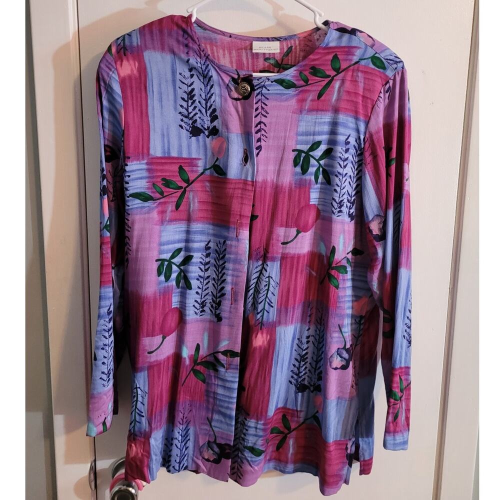 Vintage 80s Pink Purple Abstract Floral Tunic Medium Artsy Statement Blouse